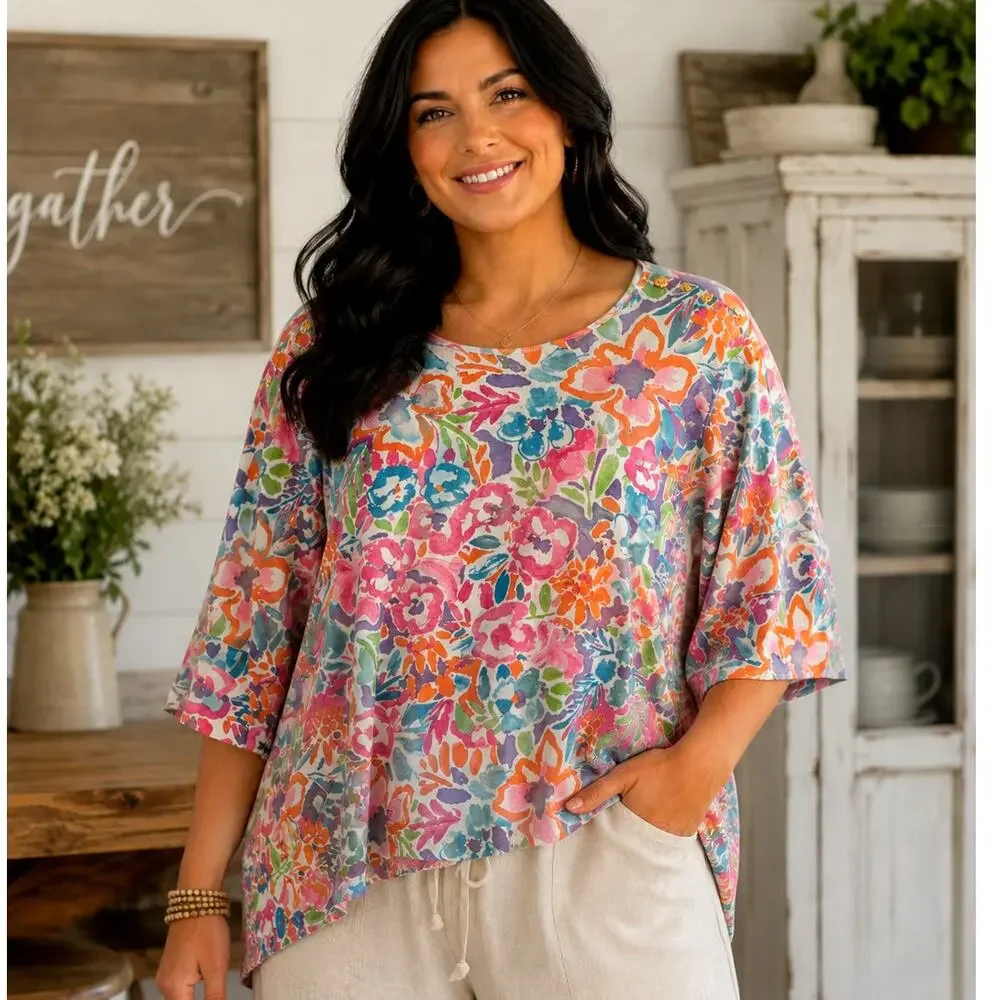 Lauren Ralph Lauren Artsy Floral Top Womens Size 3X Colorful 3/4 Sleeve Knit Tee